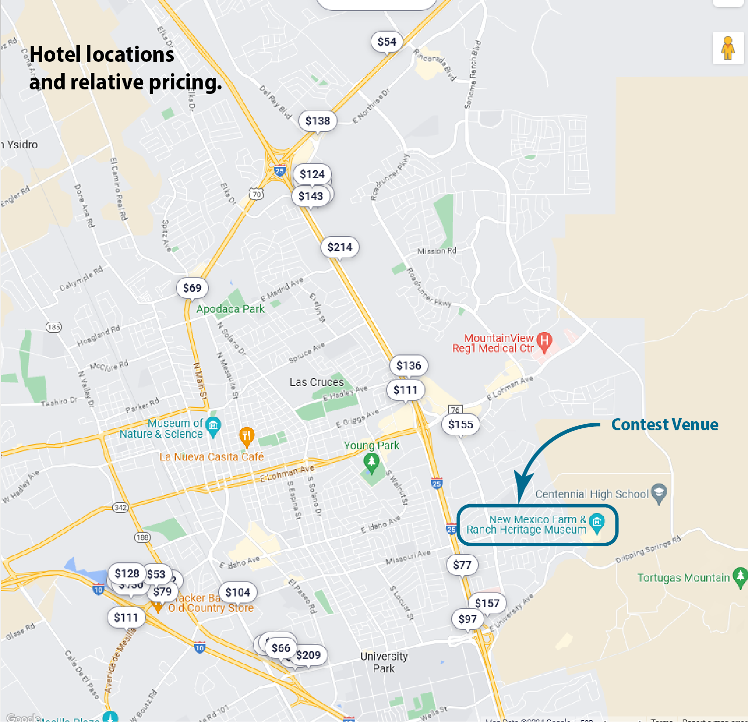 Map of hotel locations relative to contest venue